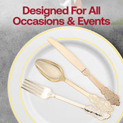 Gold baroque plastic forks, disposable, 7.4 inches, 600-count – Ornate cutlery with a metallic gold look, designed for single-use convenience.
