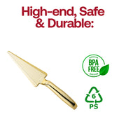 Gold cake cutter in use at a sophisticated event, ideal for all occasions including weddings, birthdays, and parties