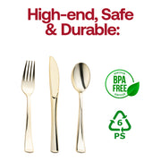 Gold classic plastic cutlery set, BPA-free and safe for dining, designed for 120 guests