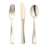 Gold classic plastic silverware set, sized between 6.25” - 8”, perfect for serving 120 guests