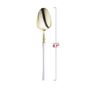 Gold disposable dinner spoons with white handles, moderno design, measuring 8.1 inches in length, ideal for events