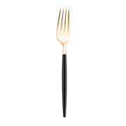 Gold disposable plastic dinner forks with black handles, sleek Moderno design, 8.4 inches long