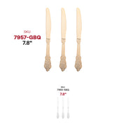 Gold disposable plastic knives featuring an intricate Baroque-style handle, ideal for elegant table settings