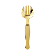 Gold disposable plastic serving fork, 9.75 inches long, ideal for buffets, parties, and catering, case of 60.