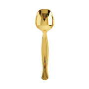 Gold disposable plastic serving spoon, 9.75 inches long, perfect for buffets and catering, case of 60.
