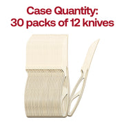 Gold disposable plastic steak knives, 8.5 inches long, available in a bulk case of 360 knives