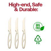 Gold disposable plastic steak knives, BPA-free and food-safe, perfect for cutting meats with ease