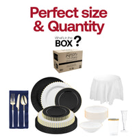 Gold flatware with white handles offering luxury dining at weddings and formal celebrations.