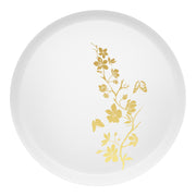 Gold floral-rimmed small plastic plate displayed with cupcakes on a wedding dessert station