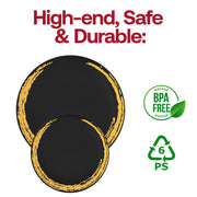 Gold moonlight-trimmed black plastic plates, 7.5-inch round design, BPA-free