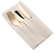 Gold plastic cutlery in white pocket napkin set for 70 guests, featuring forks, knives, and spoons in an elegant presentation.