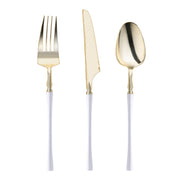 Gold plastic cutlery set with sleek white handles, perfect for fancy dinner parties and upscale events