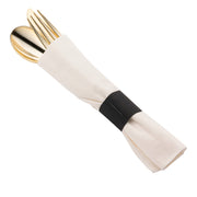 Gold plastic cutlery set wrapped in white napkin rolls, designed for 100 guests, perfect for events and catering.