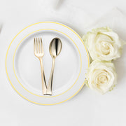 Gold plastic mini flatware set measuring 4", perfect for small portions, tastings, and appetizer servings