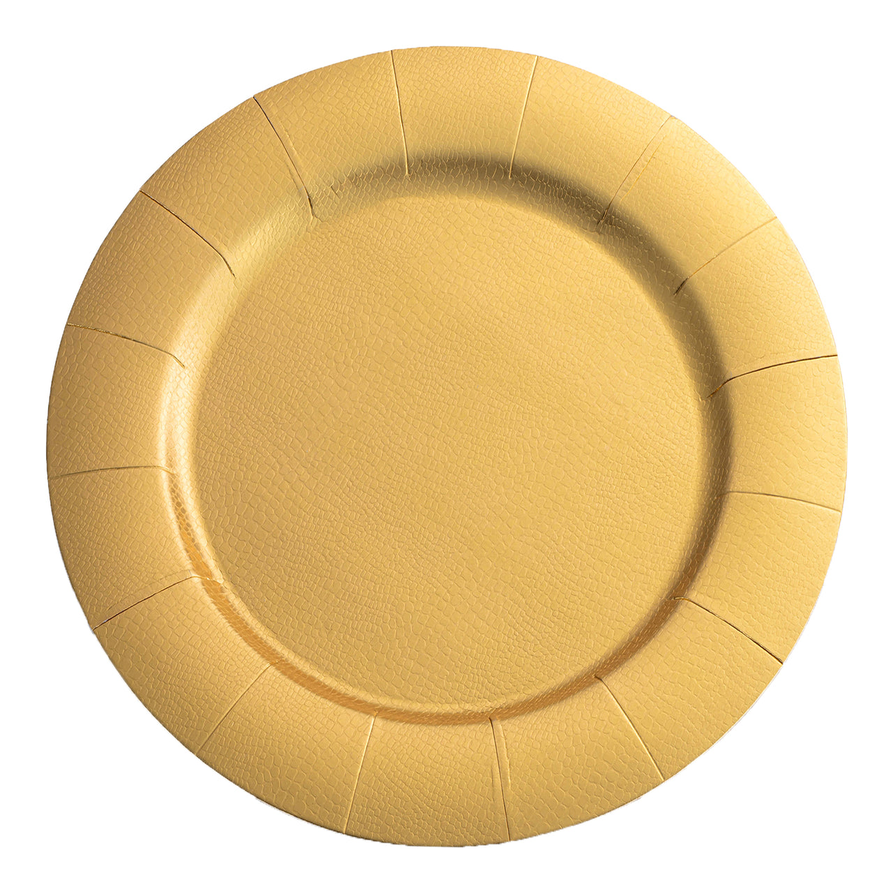 Gold round disposable paper charger plates with a 13-inch diameter, sold in a pack of 120