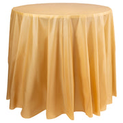 Gold round plastic tablecloths, 84-inch diameter, disposable and ideal for parties, weddings, or catered events, case of 96.