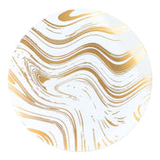 Gold wave-detailed white salad plate enhances bridal or baby shower settings with stylish plating
