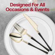 Gold with black handle Moderno disposable plastic cutlery set, a stylish and practical choice for parties, weddings, and special occasions