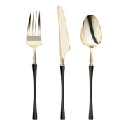Gold with black handle Moderno disposable plastic cutlery set, ideal for weddings, fine dining, and stylish events, case of 240