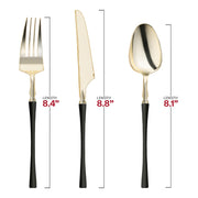 Gold with black handle Moderno disposable plastic cutlery set, including forks 8.4”, spoons 8.1”, and knives 8.8”, case of 240