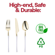 Gold with white handle Moderno disposable plastic cutlery set, BPA-free and food-safe for worry-free dining