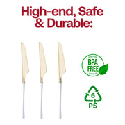 Gold with white handle Moderno disposable plastic dinner knives, BPA-free and food-safe for upscale dining