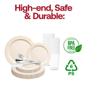Graceful event décor highlighted by the Ivory Vintage Round Plastic Wedding Value Set with elegant silver utensils