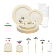Graceful event décor highlighted by the Ivory with Gold Edge Rim Plastic Wedding Set and luxurious gold-accented cutlery