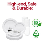 Graceful event table presentation using the White Vintage Round Disposable Plastic Wedding Value Set, perfect for weddings and formal receptions