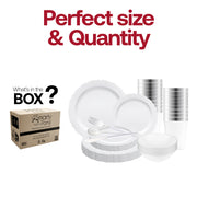 Graceful table setup featuring the White with Silver Vintage Disposable Plastic Tableware Set’s elegant plates and silver cutlery