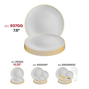 Gray and gold round plastic plates designed for appetizers or salads, 7.5-inch diameter, disposable and sold in a 120-pack