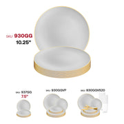 Gray round disposable dinner plates with a gold rim and stylish organic design, 10.25-inch diameter