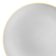 Gray round disposable plastic appetizer plate with a gold rim, 7.5-inch diameter, sold in a 120-pack