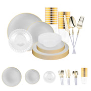 Gray with Gold Organic Disposable Plastic Tableware Set brings modern refinement and golden warmth to elegant hosted occasions