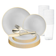 Gray with Gold Organic Round Disposable Plastic Wedding Value Set with gold cutlery, combining a sleek gray design with elegant gold accents, perfect for adding sophistication to your event