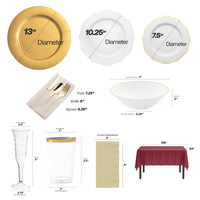Guests dining on white with gold salad plates and gold flatware from The To Have And To Hold Package during a formal celebration.