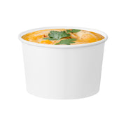 Guests enjoy creamy chowder comfortably in compact 6 oz Squat Paper Soup Cups with a stable squat shape that helps prevent spills