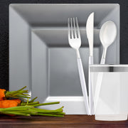 Guests enjoyed gourmet meals on Silver Square Plastic Tableware during a formal anniversary dinner.