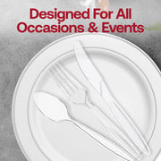 Guests using clear medium heavy weight plastic teaspoons at a buffet line, reliable disposable flatware for high-turnover catering and events.
