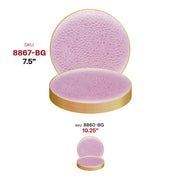 Hammered clear pink disposable plastic salad plates with a decorative gold rim, 7.5-inch diameter