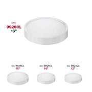 Heavy-duty 16" clear plastic party tray used to serve cheese and charcuterie at holiday gathering.