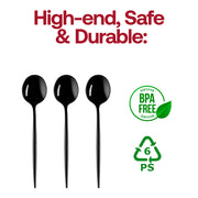 Heavy-duty 7-inch black plastic dessert spoons, sturdy and elegant, BPA-free