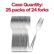 Heavy-duty plastic forks with a shiny metallic silver finish, 7.25 inches, bulk pack of 600 for any occasion