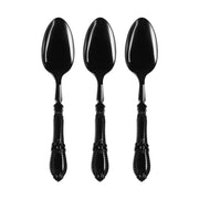 High-end black plastic dinner spoons featuring an intricate Baroque pattern, perfect for creating an elegant table setting