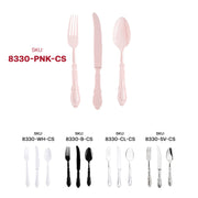 High-end pink plastic cutlery set with ornate Baroque-style engravings, adding a touch of luxury to weddings, birthdays, and celebrations