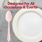 High-end pink plastic dinner spoons featuring an intricate Baroque pattern, perfect for creating an elegant table setting
