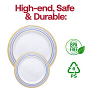 High-end white plastic plates with a decorative blue and gold chord rim, 10.25 inches in diameter, lightweight and disposable, BPA-free