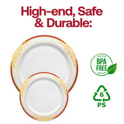 High-grade white plastic plates featuring a bold burgundy and gold harmony pattern on the rim, BPA-free