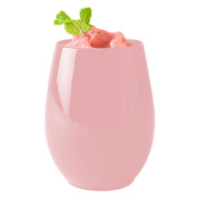 High-quality 12 oz solid pink plastic wine glasses with an elegant stemless design, disposable for convenience