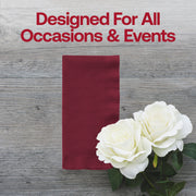High-quality burgundy red paper dinner napkins, 16" x 16", durable and soft, adding a refined touch to any meal.
